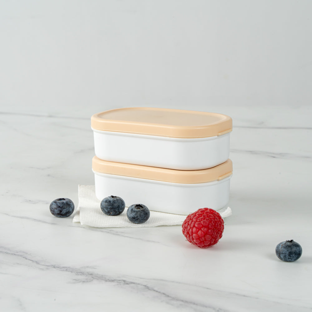 Bento Tek 3 oz White Buddha Box Snack / Sauce Container - with Beige Lid - 3 3/4" x 2 1/4" x 1 1/4" - 4 count box