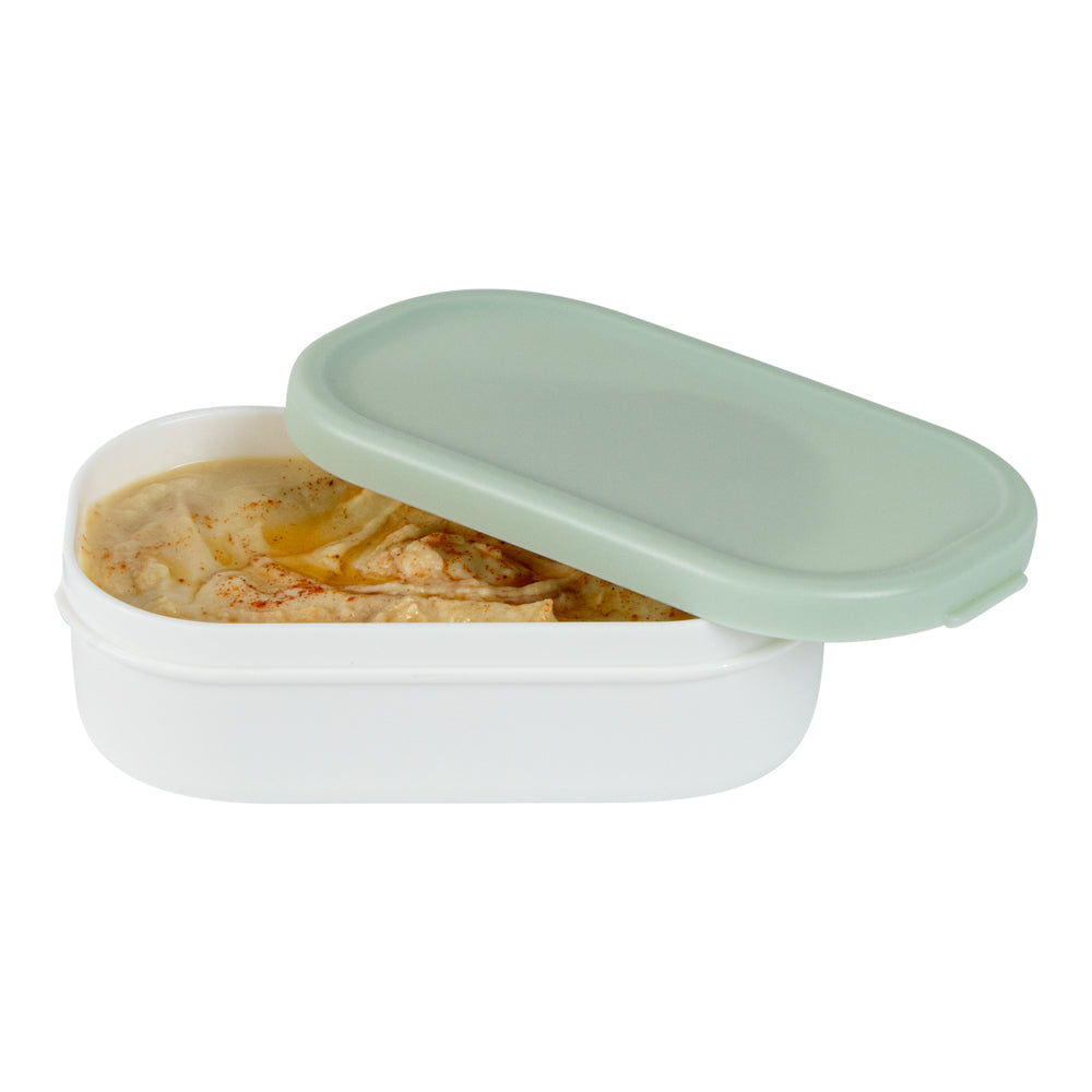 Bento Tek 3 oz White Buddha Box Snack / Sauce Container - with Green Lid - 3 3/4" x 2 1/4" x 1 1/4" - 4 count box