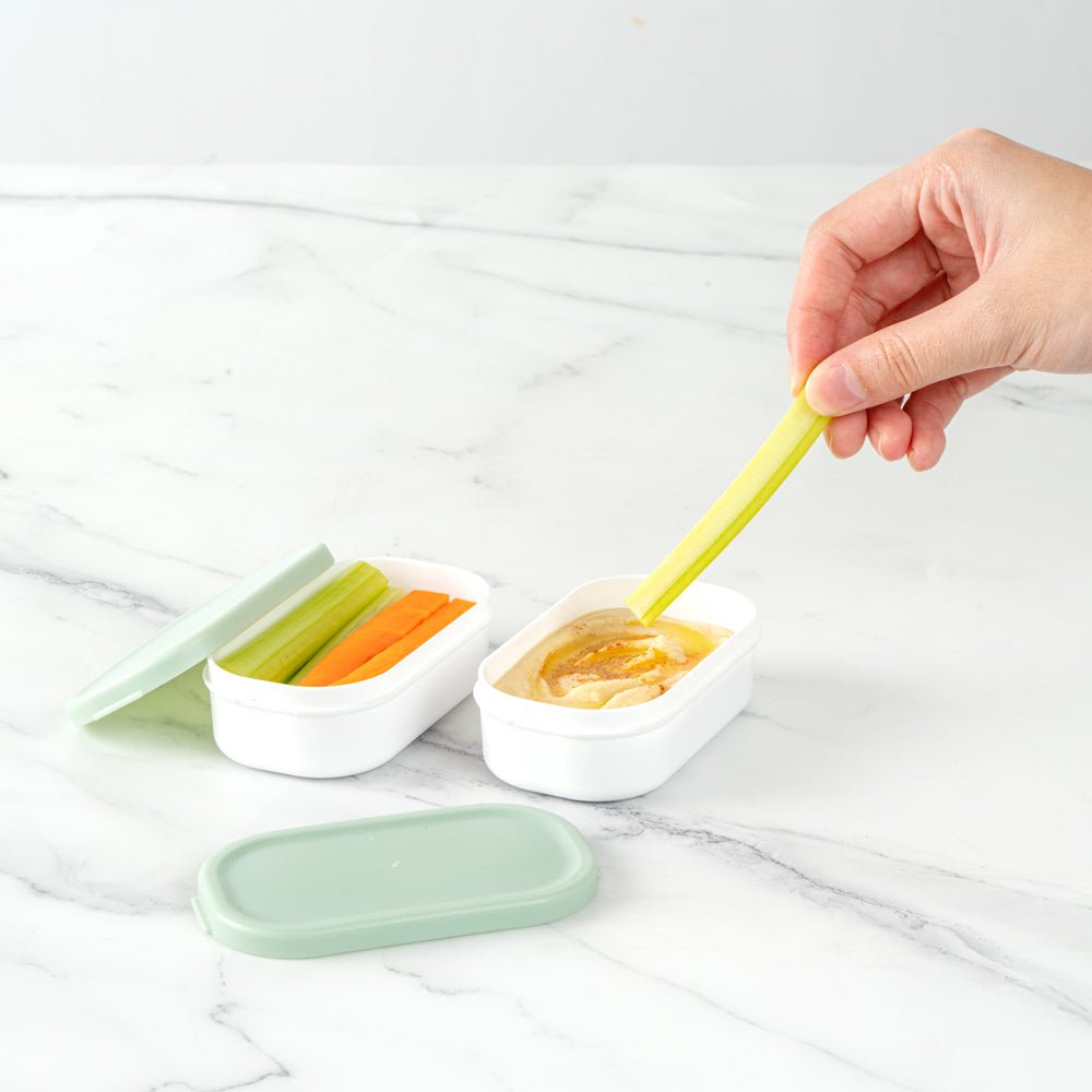 Bento Tek 3 oz White Buddha Box Snack / Sauce Container - with Green Lid - 3 3/4" x 2 1/4" x 1 1/4" - 4 count box