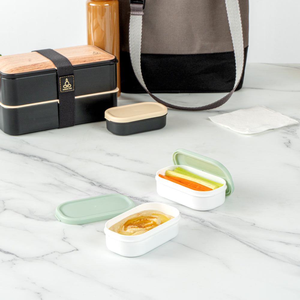Bento Tek 3 oz White Buddha Box Snack / Sauce Container - with Green Lid - 3 3/4" x 2 1/4" x 1 1/4" - 4 count box