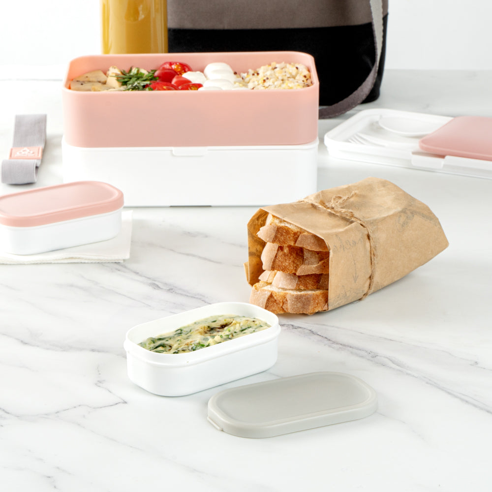 Bento Tek 3 oz White Buddha Box Snack / Sauce Container - with Gray Lid - 3 3/4" x 2 1/4" x 1 1/4" - 4 count box