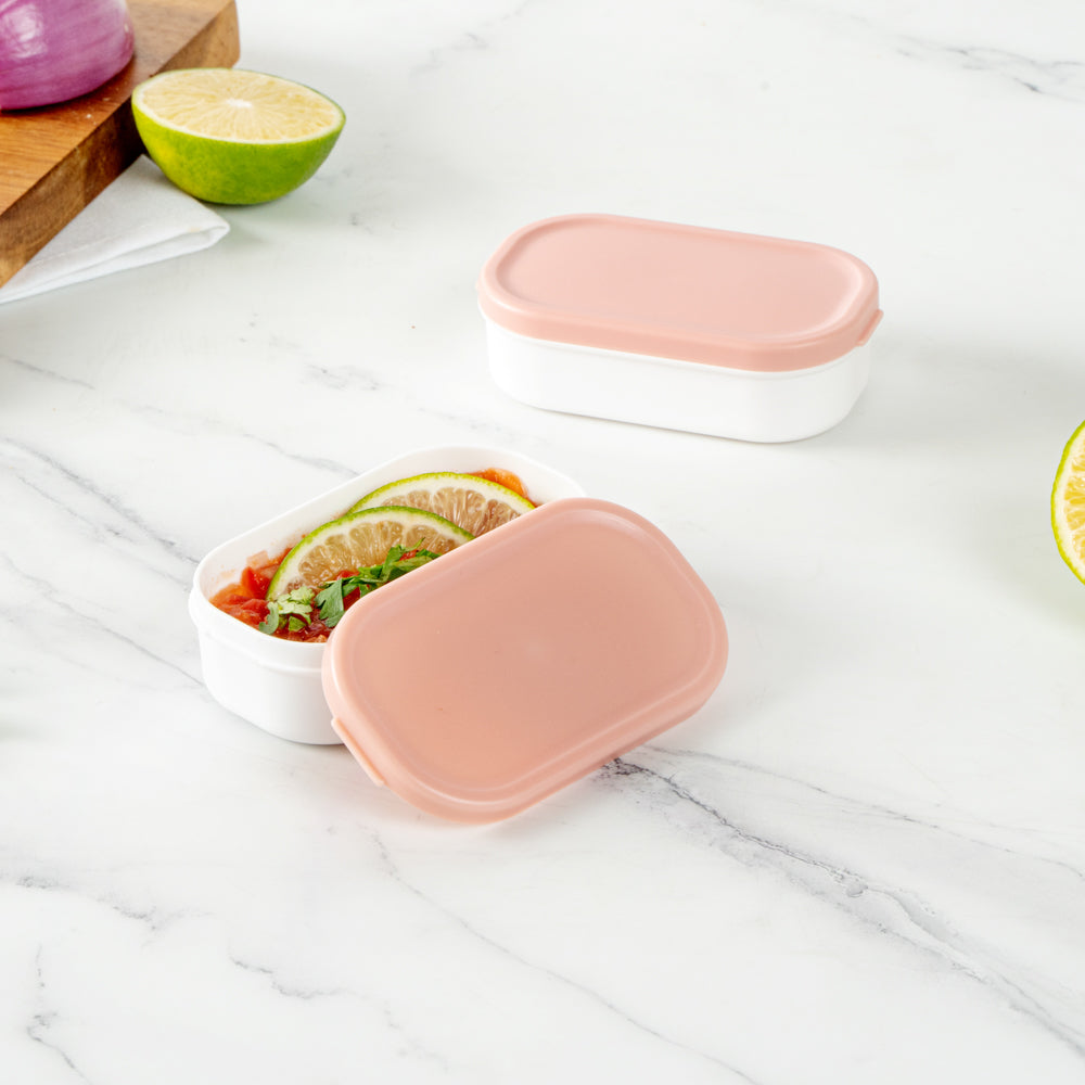 Bento Tek 3 oz White Buddha Box Snack / Sauce Container - with Pink Lid - 3 3/4" x 2 1/4" x 1 1/4" - 4 count box