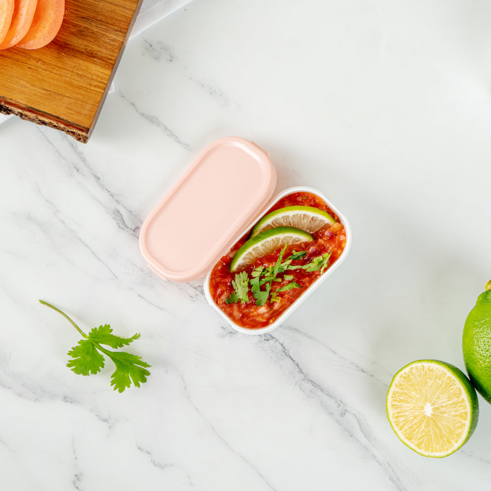Bento Tek 3 oz White Buddha Box Snack / Sauce Container - with Pink Lid - 3 3/4" x 2 1/4" x 1 1/4" - 4 count box