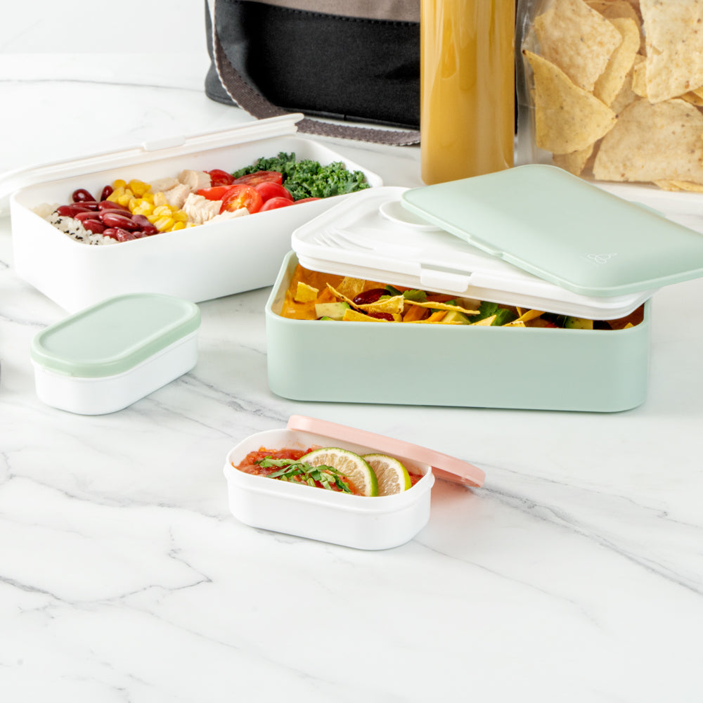 Bento Tek 3 oz White Buddha Box Snack / Sauce Container - with Pink Lid - 3 3/4" x 2 1/4" x 1 1/4" - 4 count box