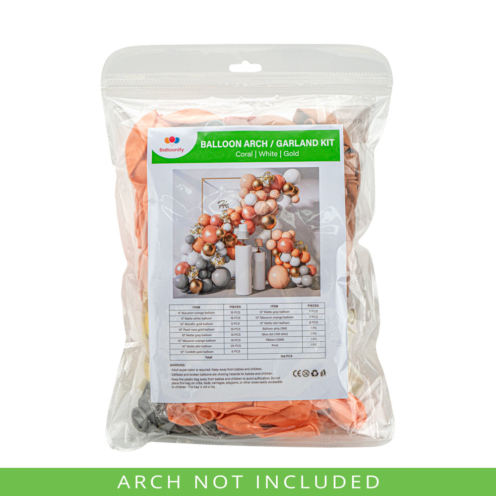 Balloonify Coral, White and Gold Balloon Arch / Garland Kit - 129 Pieces - 1 count box