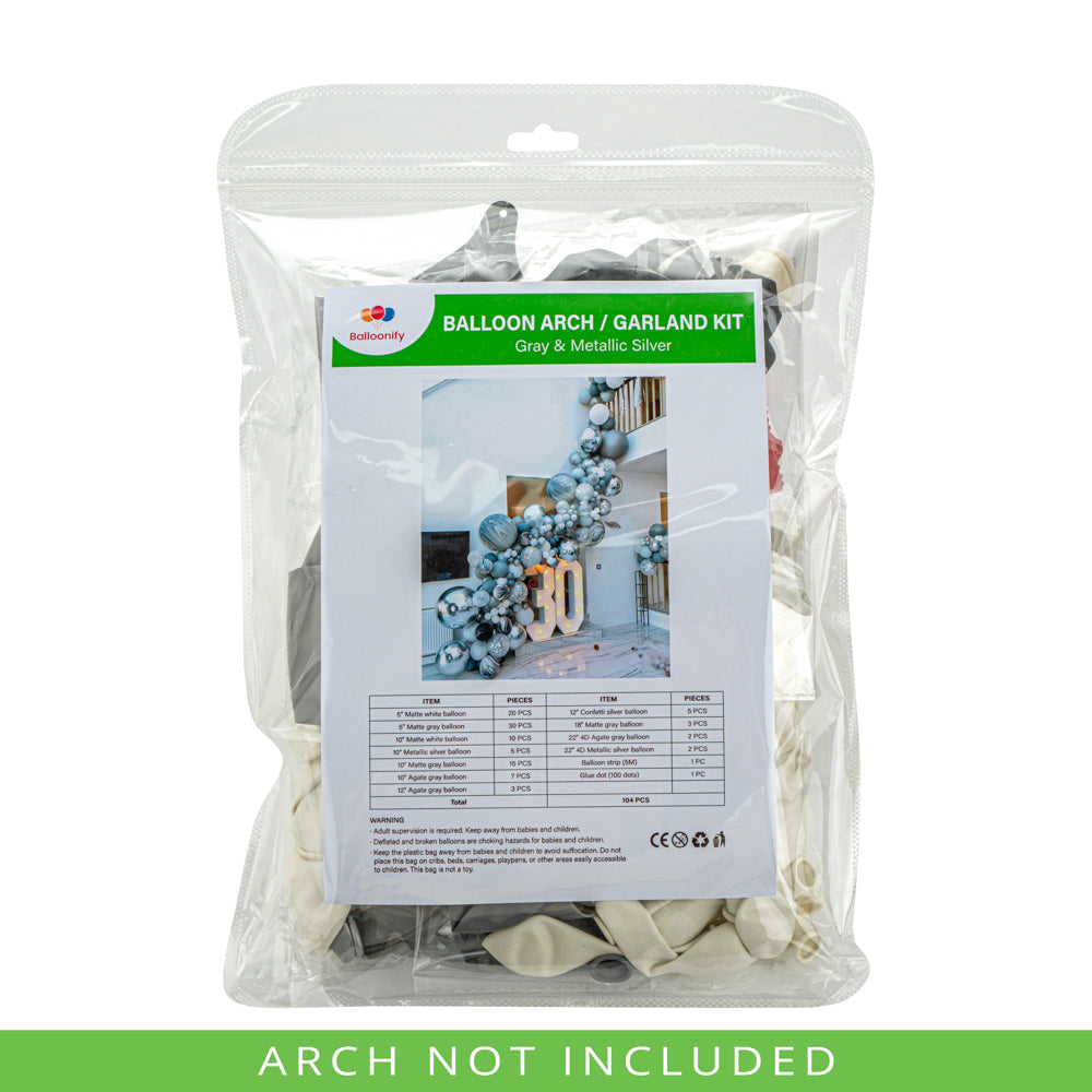 Balloonify Gray and Metallic Silver Balloon Arch / Garland Kit - 104 Pieces - 1 count box
