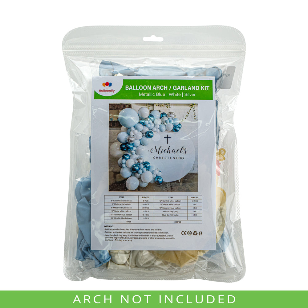 Balloonify Metallic Blue, White and Silver Balloon Arch / Garland Kit - 104 Pieces - 1 count box