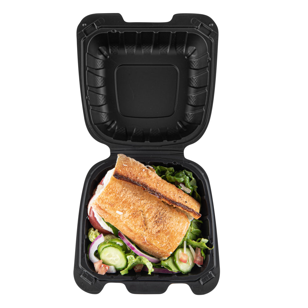 Thermo Tek 18 oz Black Mineral-Filled Plastic Clamshell Container - 6" x 6" x 3" - 100 count box