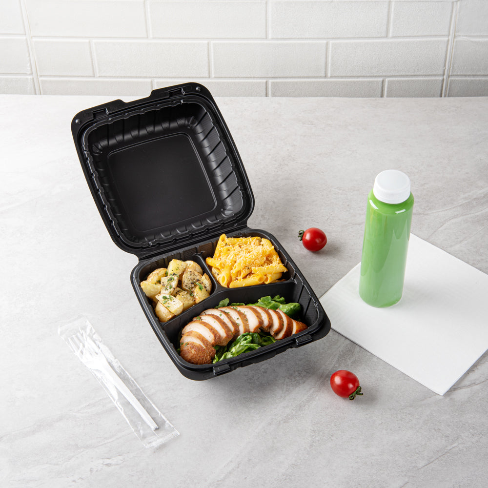 Thermo Tek 28 oz Black Mineral-Filled Plastic Clamshell Container - 3 Compartments - 8" x 8" x 3" - 100 count box