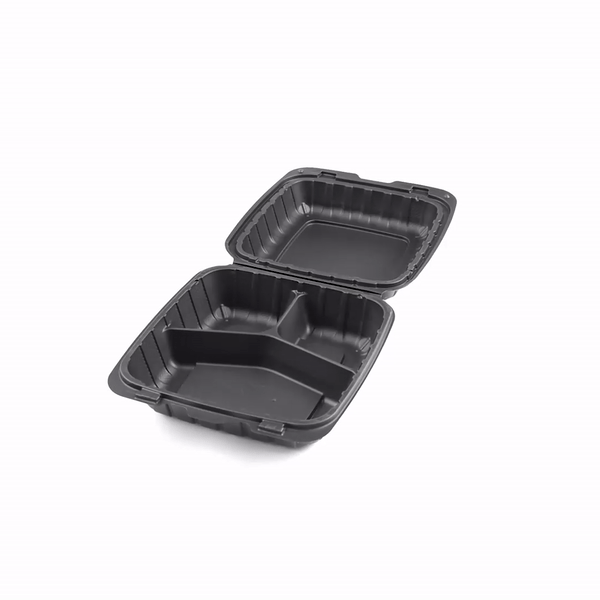 Thermo Tek 28 oz Black Mineral-Filled Plastic Clamshell Container - 3 Compartments - 8" x 8" x 3" - 100 count box