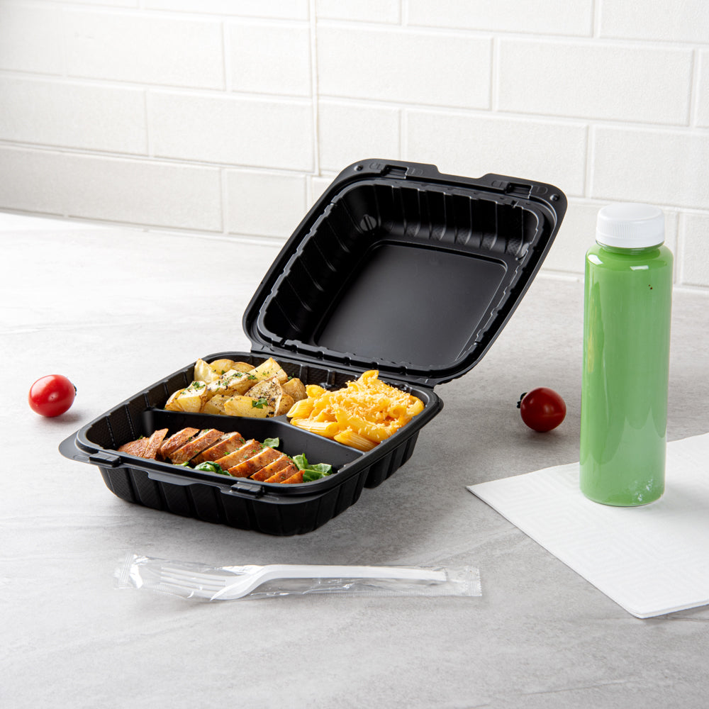 Thermo Tek 28 oz Black Mineral-Filled Plastic Clamshell Container - 3 Compartments - 8" x 8" x 3" - 100 count box