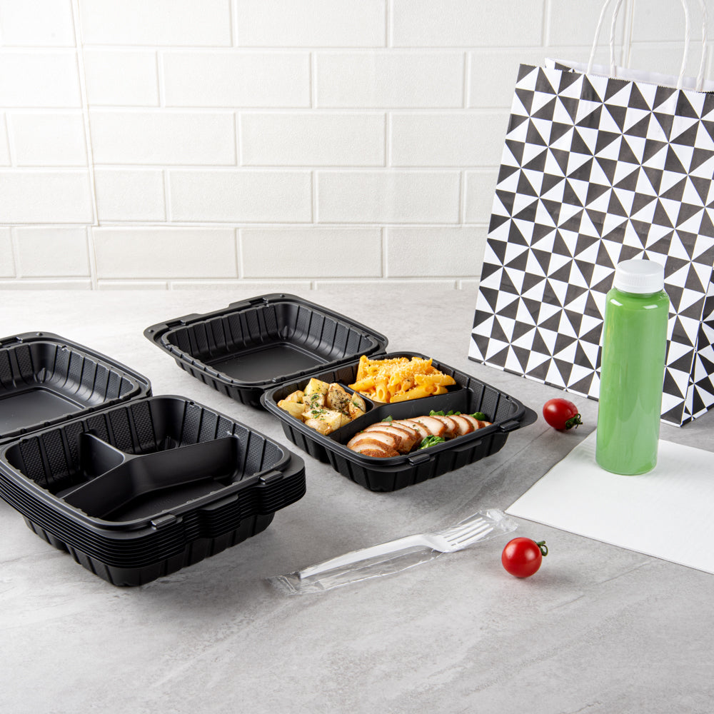 Thermo Tek 28 oz Black Mineral-Filled Plastic Clamshell Container - 3 Compartments - 8" x 8" x 3" - 100 count box