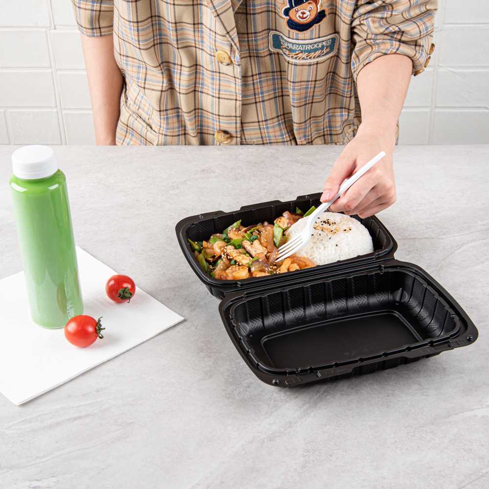 Thermo Tek 30 oz Black Mineral-Filled Plastic Clamshell Container - 9" x 6" x 3" - 10 count box