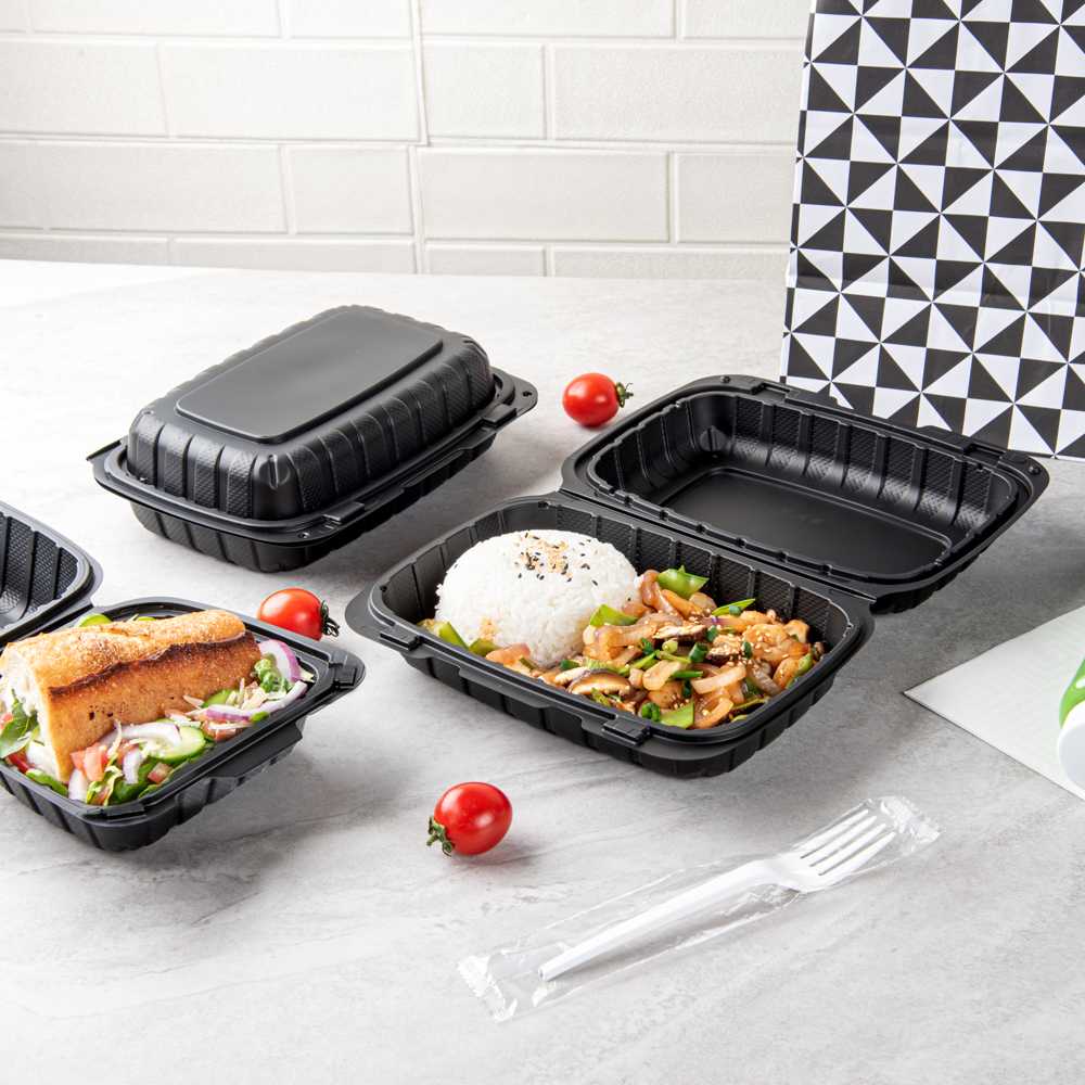 Thermo Tek 30 oz Black Mineral-Filled Plastic Clamshell Container - 9" x 6" x 3" - 10 count box