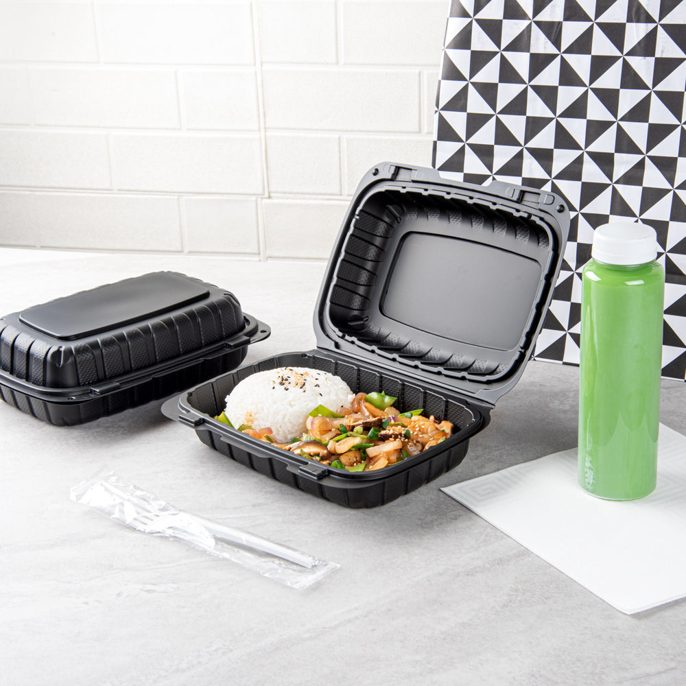 Thermo Tek 30 oz Black Mineral-Filled Plastic Clamshell Container - 9" x 6" x 3" - 100 count box