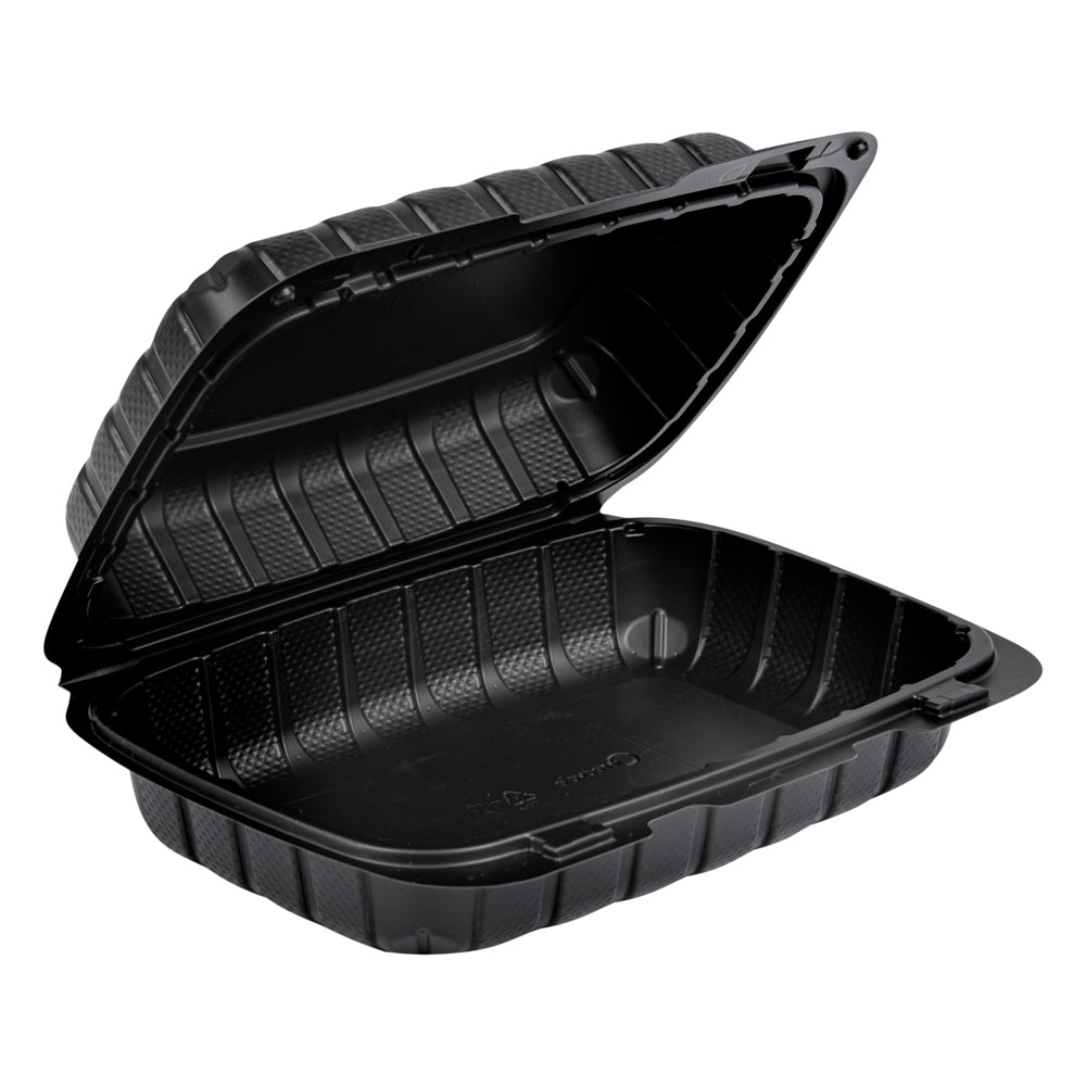 Thermo Tek 30 oz Black Mineral-Filled Plastic Clamshell Container - 9" x 6" x 3" - 100 count box