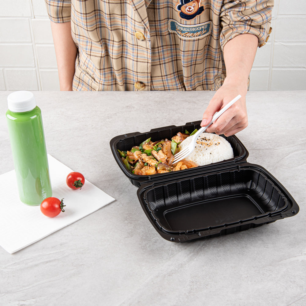 Thermo Tek 30 oz Black Mineral-Filled Plastic Clamshell Container - 9" x 6" x 3" - 100 count box