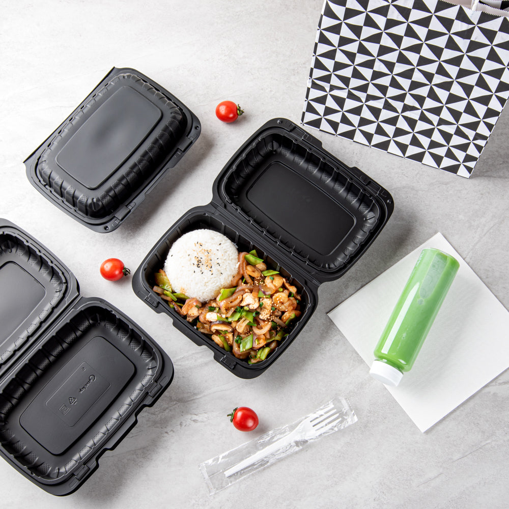 Thermo Tek 30 oz Black Mineral-Filled Plastic Clamshell Container - 9" x 6" x 3" - 100 count box