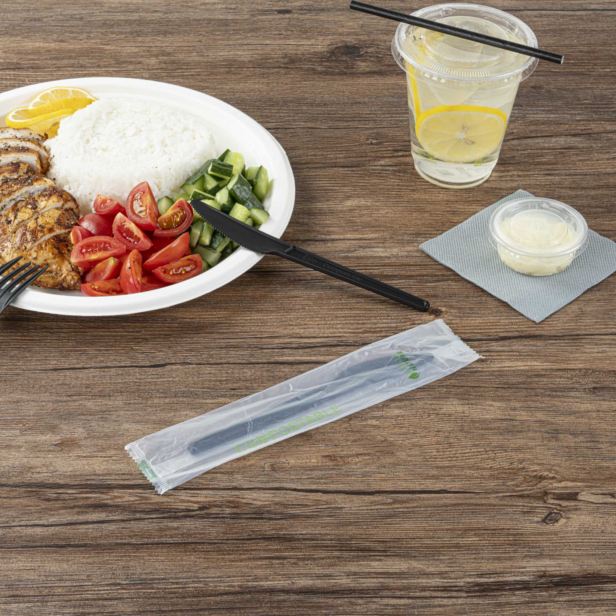 Basic Nature Black CPLA Plastic Knife - Compostable Wrapper, Heat-Resistant - 6 1/2" - 250 count box