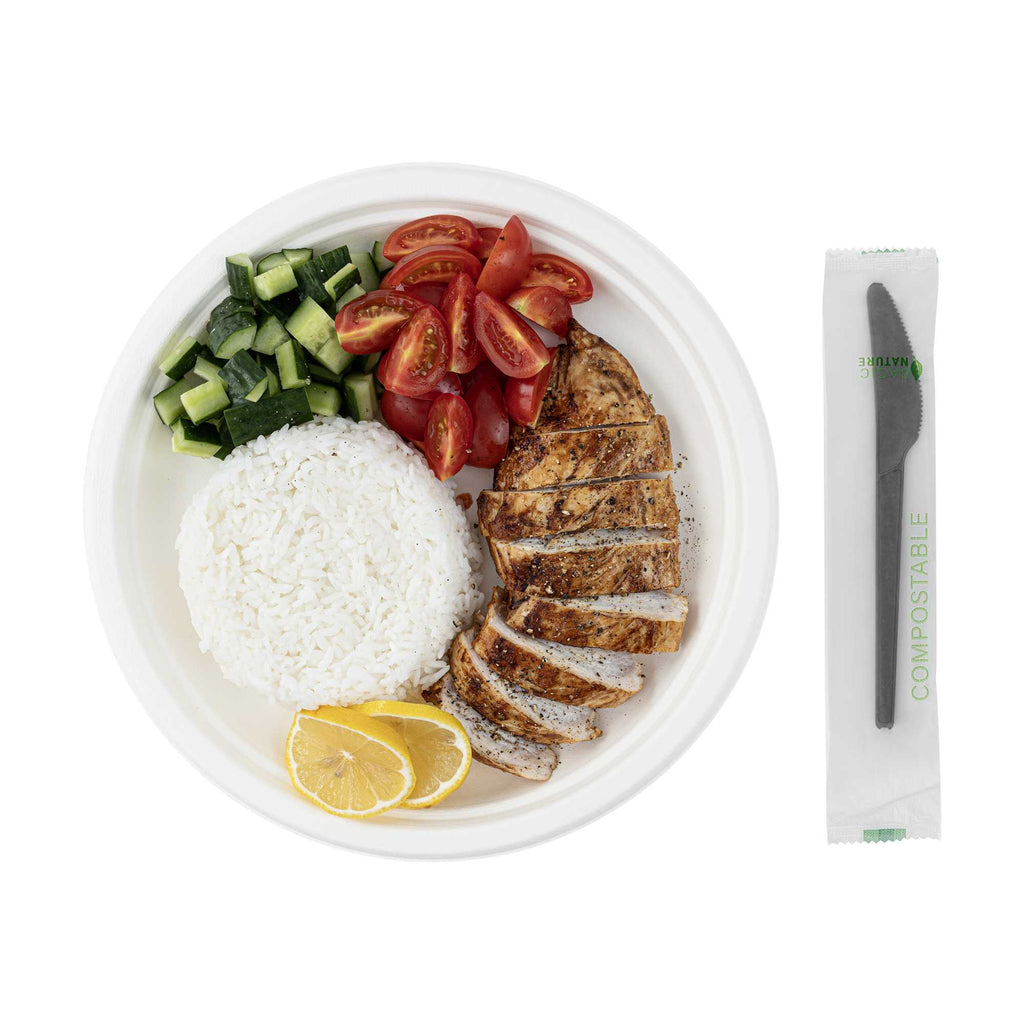 Basic Nature Black CPLA Plastic Knife - Compostable Wrapper, Heat-Resistant - 6 1/2" - 250 count box