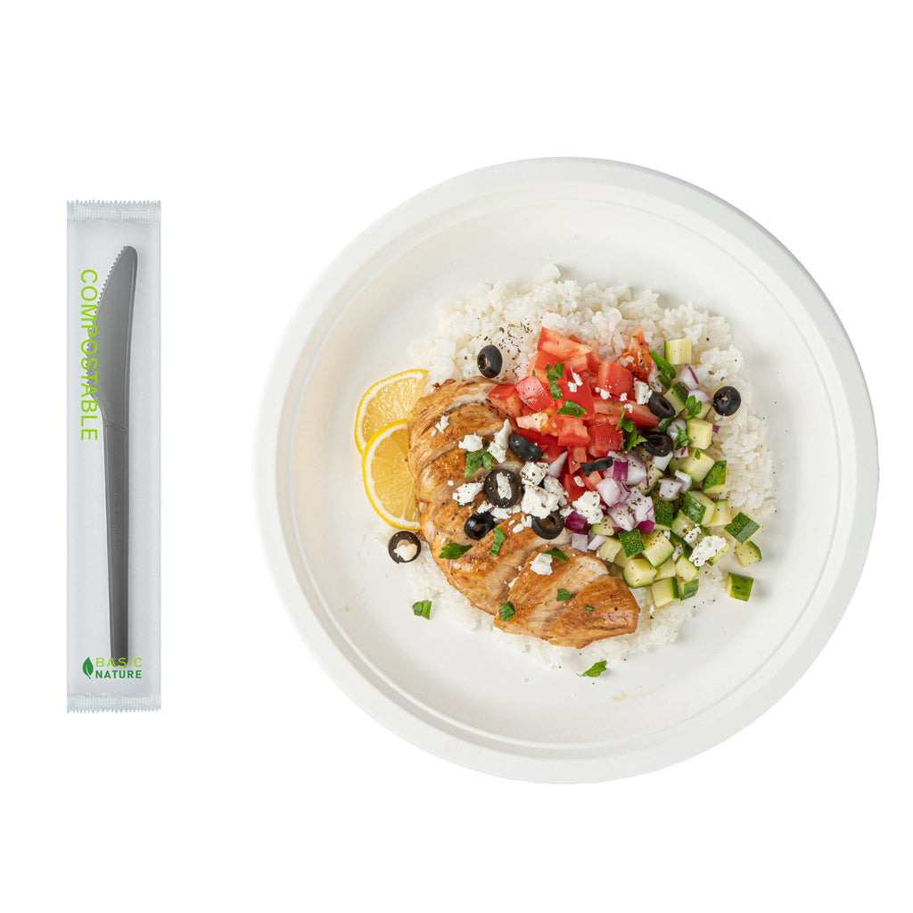 Basic Nature Black CPLA Plastic Knife - Compostable Wrapper, Heat-Resistant - 6 1/2" - 250 count box