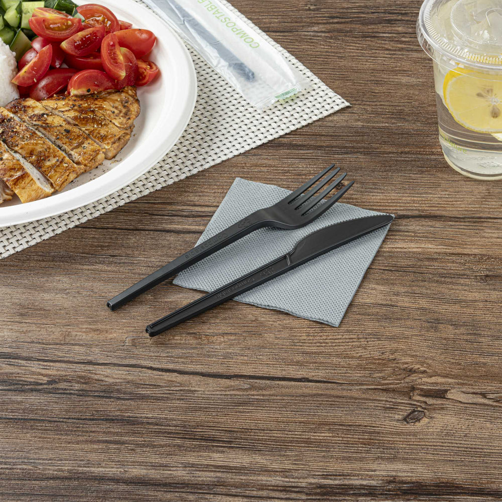Basic Nature Black CPLA Plastic Knife - Compostable Wrapper, Heat-Resistant - 6 1/2" - 250 count box