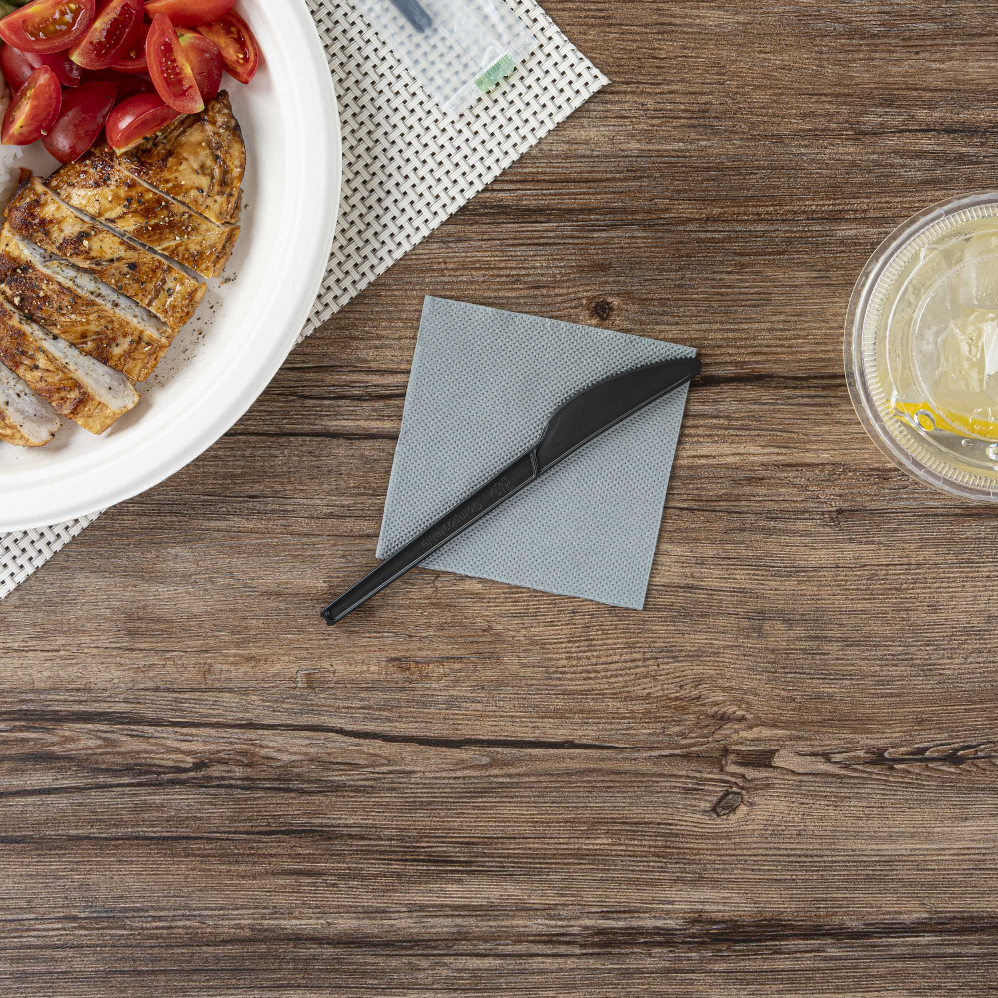 Basic Nature Black CPLA Plastic Knife - Compostable Wrapper, Heat-Resistant - 6 1/2" - 250 count box
