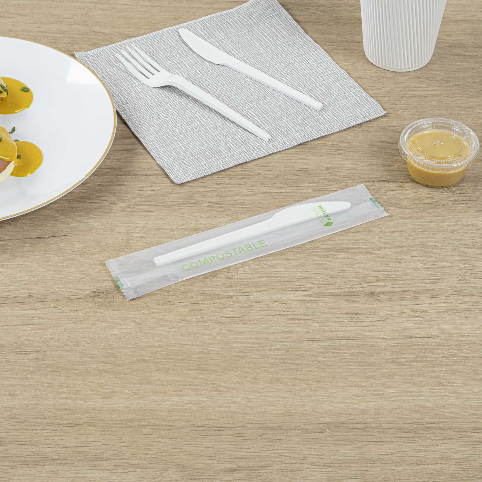 Basic Nature White CPLA Plastic Knife - Compostable Wrapper, Heat-Resistant - 6 1/2" - 250 count box