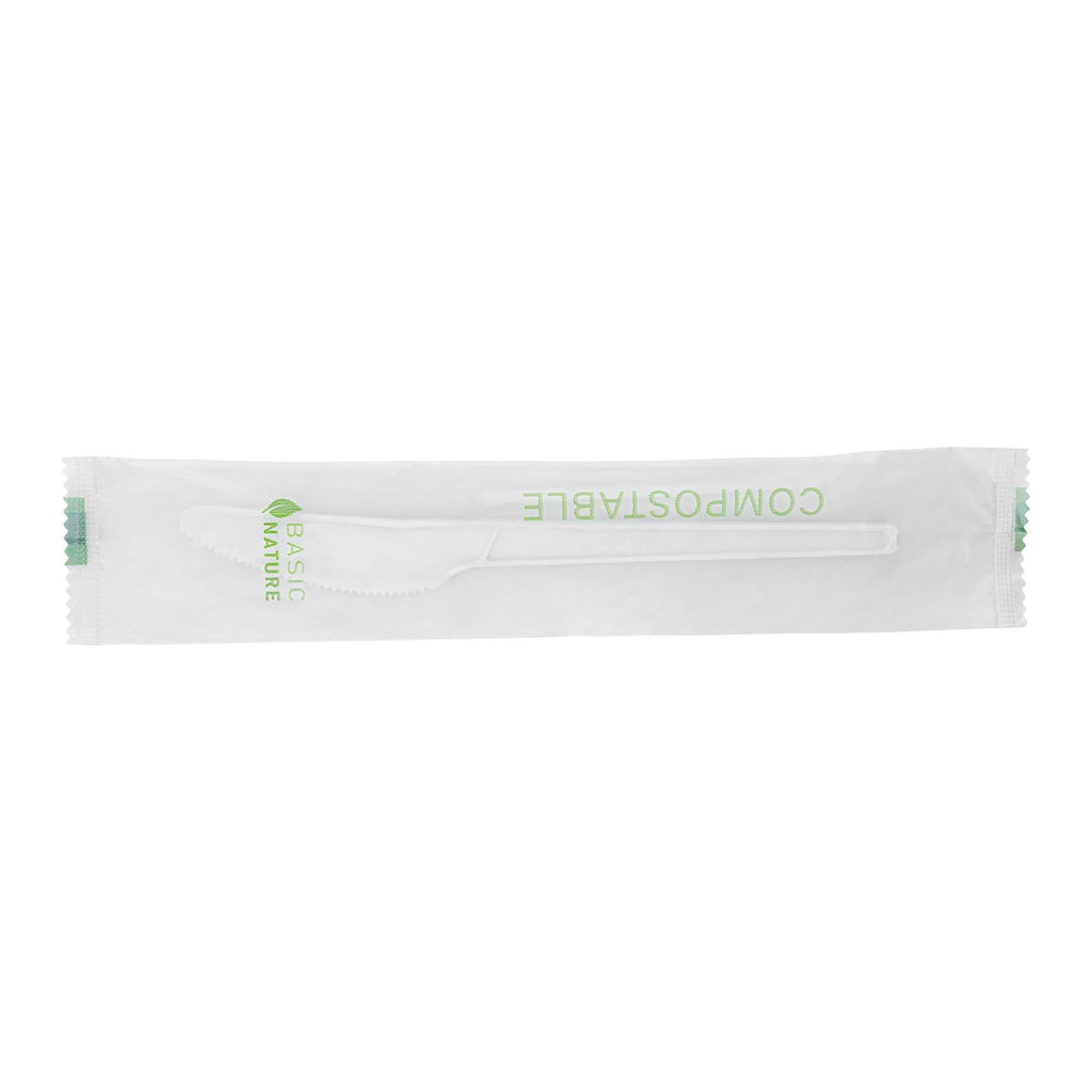 Basic Nature White CPLA Plastic Knife - Compostable Wrapper, Heat-Resistant - 6 1/2" - 250 count box