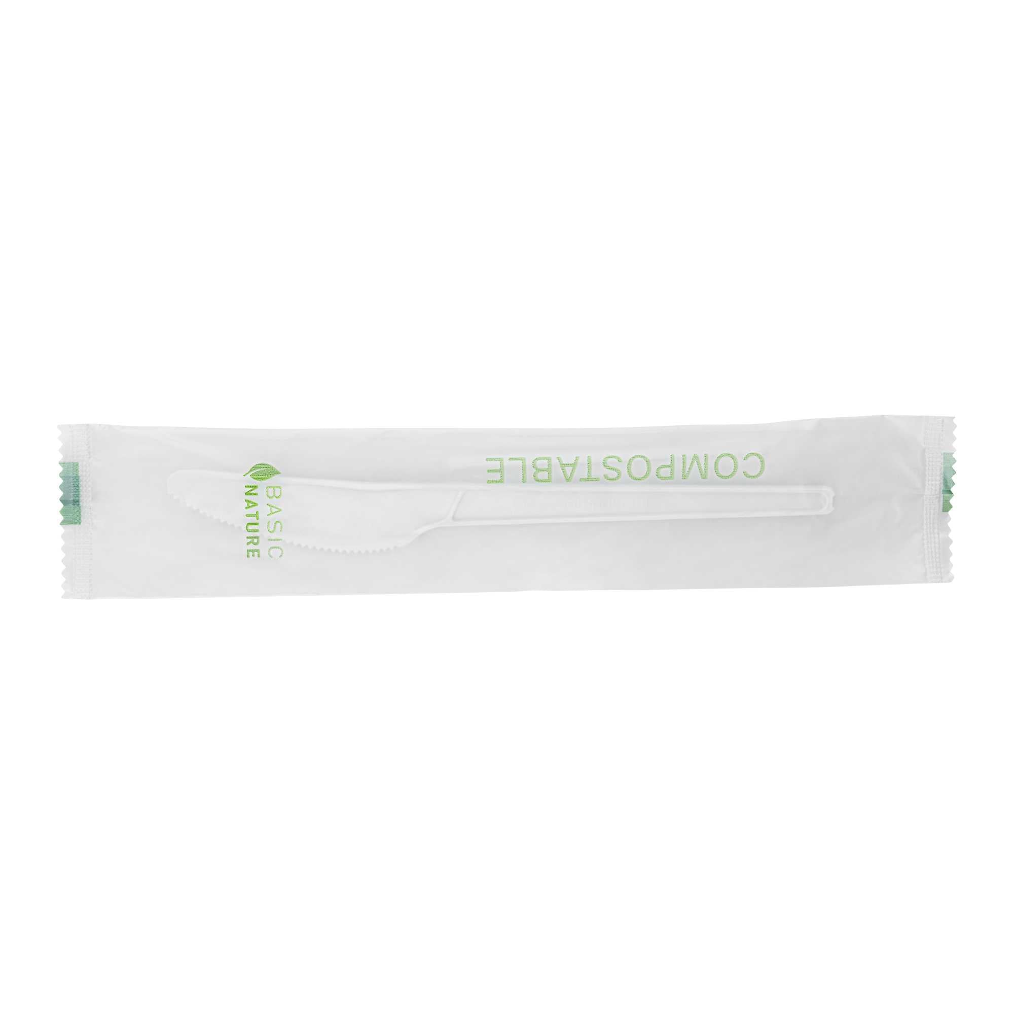 Basic Nature White CPLA Plastic Knife - Compostable Wrapper, Heat-Resistant - 6 1/2" - 250 count box
