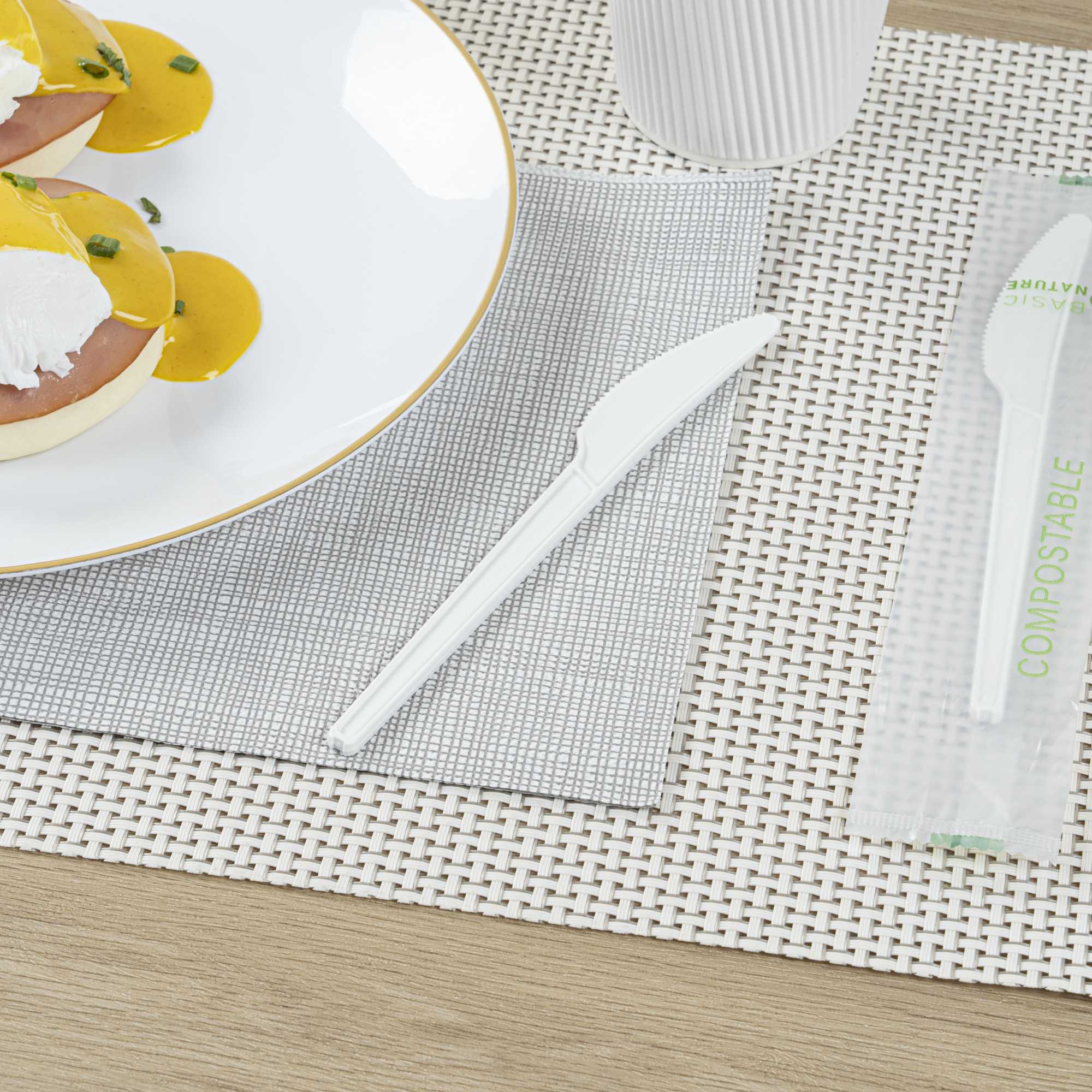 Basic Nature White CPLA Plastic Knife - Compostable Wrapper, Heat-Resistant - 6 1/2" - 250 count box