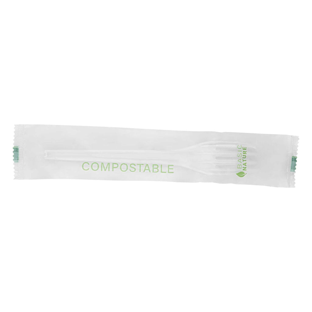 Basic Nature White CPLA Plastic Fork - Compostable Wrapper, Heat-Resistant - 6 1/2" - 250 count box
