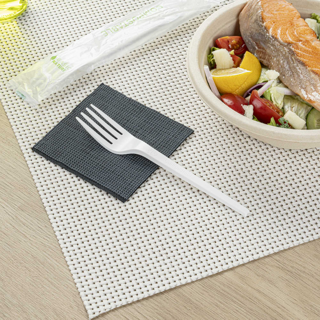 Basic Nature White CPLA Plastic Fork - Compostable Wrapper, Heat-Resistant - 6 1/2" - 250 count box