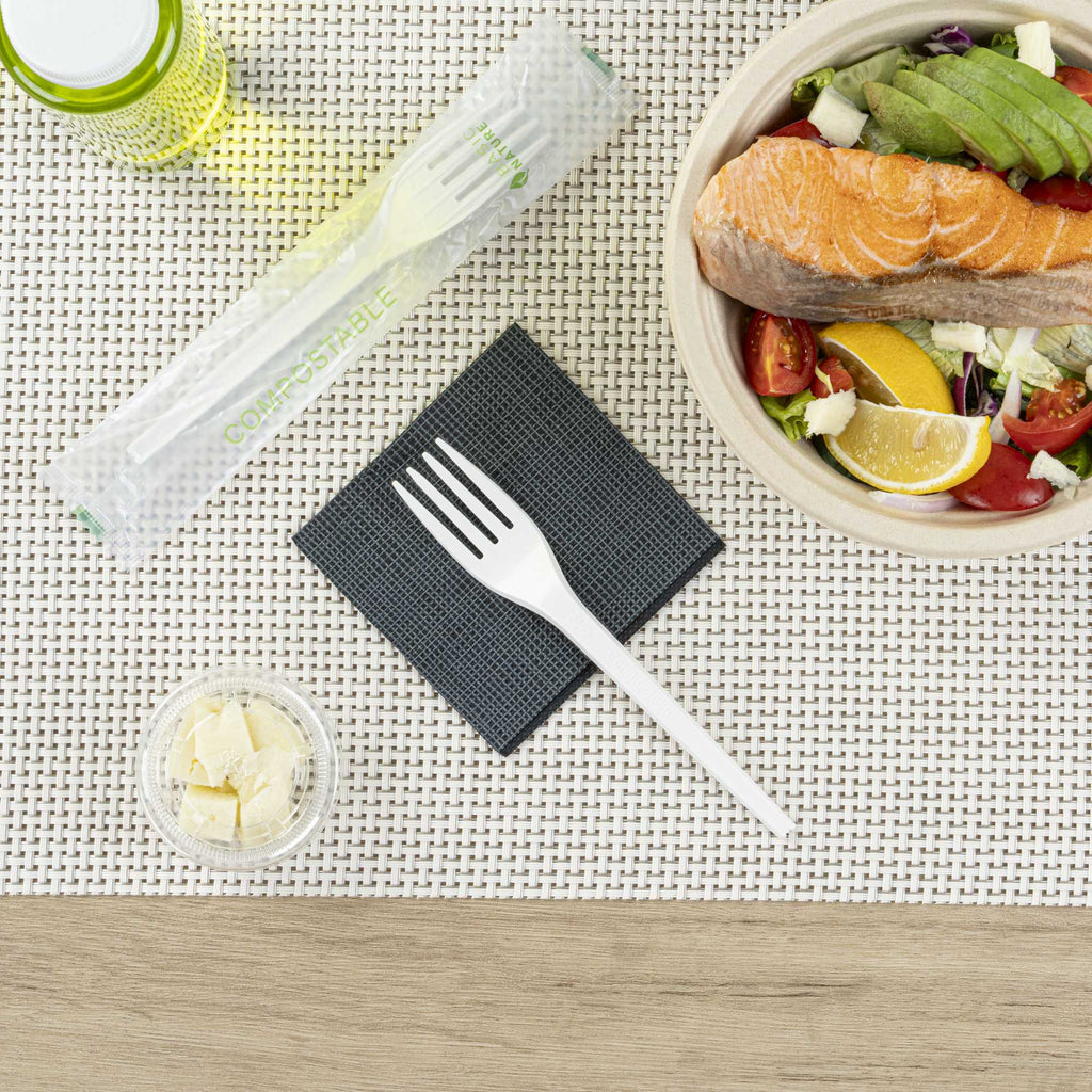 Basic Nature White CPLA Plastic Fork - Compostable Wrapper, Heat-Resistant - 6 1/2" - 250 count box