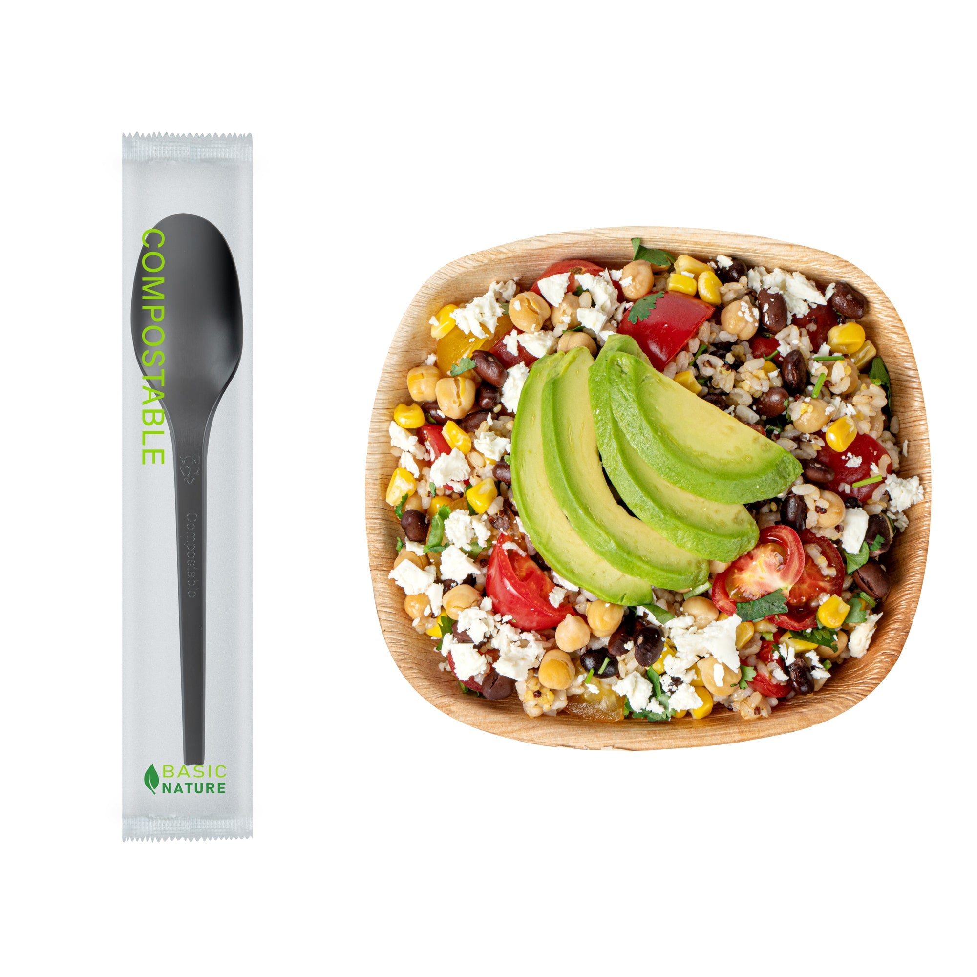 Basic Nature Black CPLA Plastic Spoon - Compostable Wrapper, Heat-Resistant - 6 1/2" - 250 count box