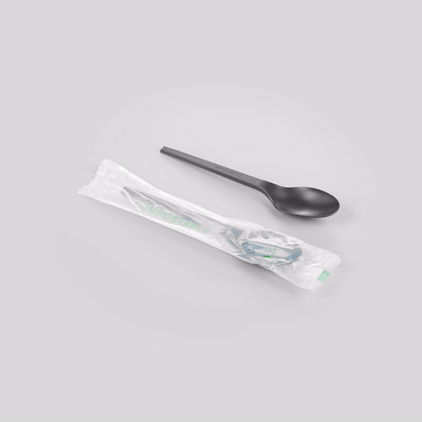 Basic Nature Black CPLA Plastic Spoon - Compostable Wrapper, Heat-Resistant - 6 1/2" - 250 count box