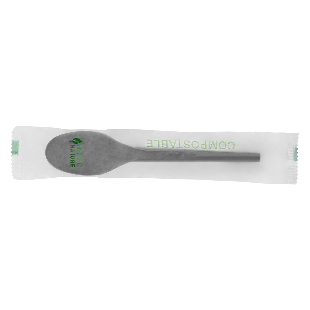 Basic Nature Black CPLA Plastic Spoon - Compostable Wrapper, Heat-Resistant - 6 1/2" - 250 count box