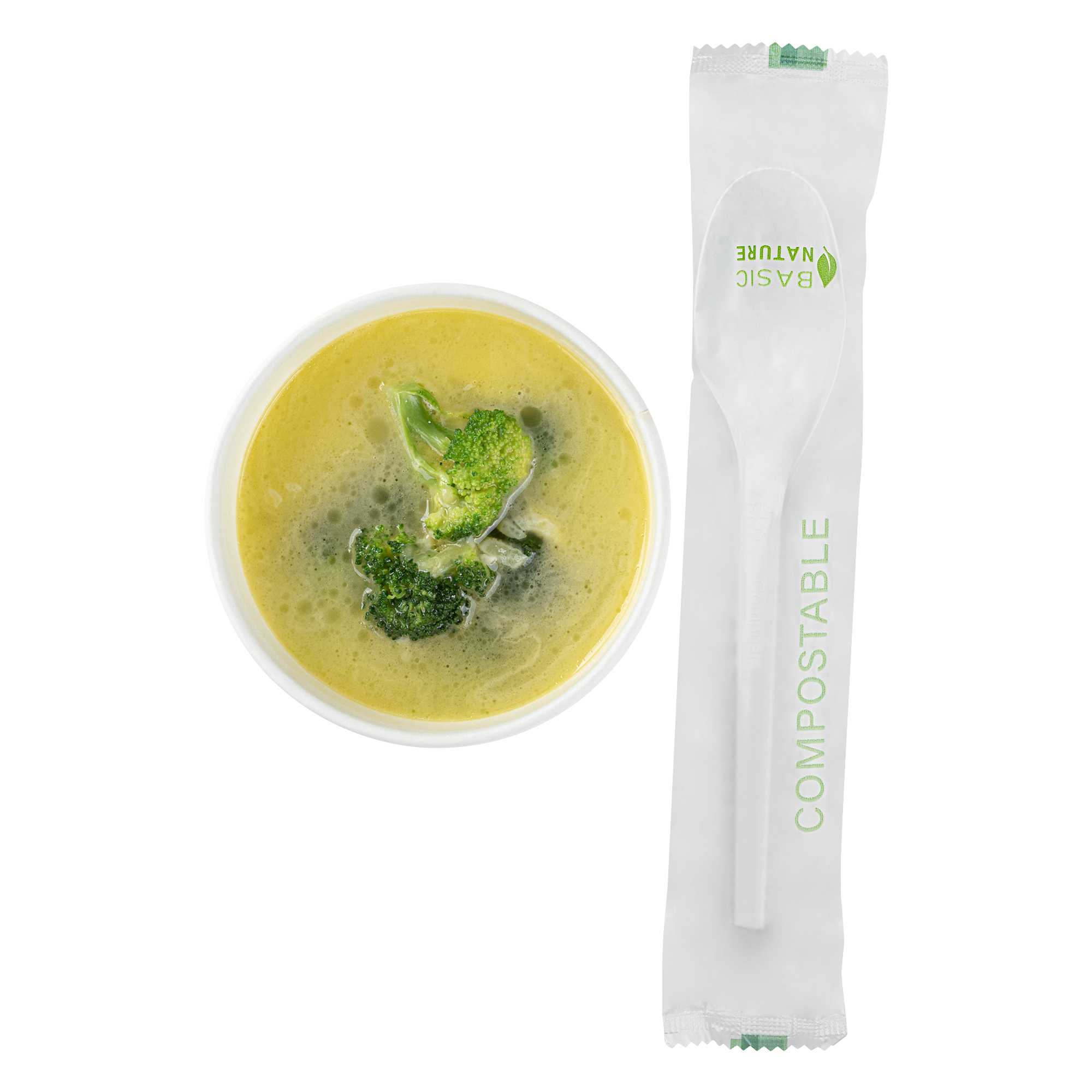 Basic Nature White CPLA Plastic Spoon - Compostable Wrapper, Heat-Resistant - 6 1/2" - 250 count box