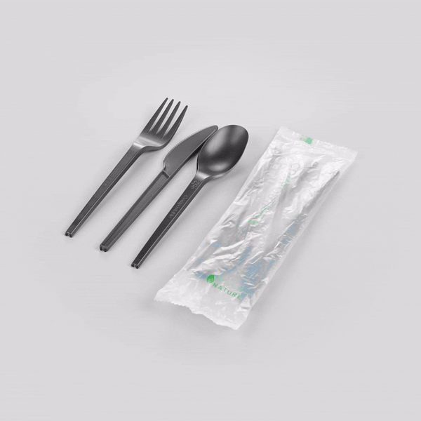 Basic Nature Black CPLA Plastic Cutlery Set - Compostable Wrapper, Heat-Resistant - 6 1/2" - 100 count box