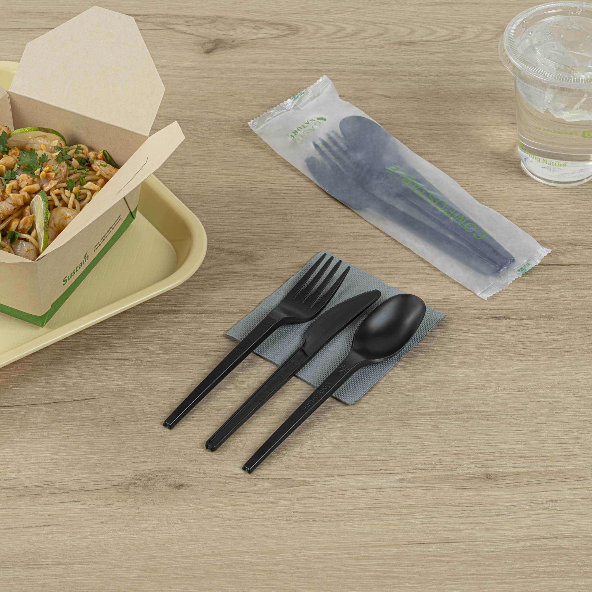 Basic Nature Black CPLA Plastic Cutlery Set - Compostable Wrapper, Heat-Resistant - 6 1/2" - 100 count box