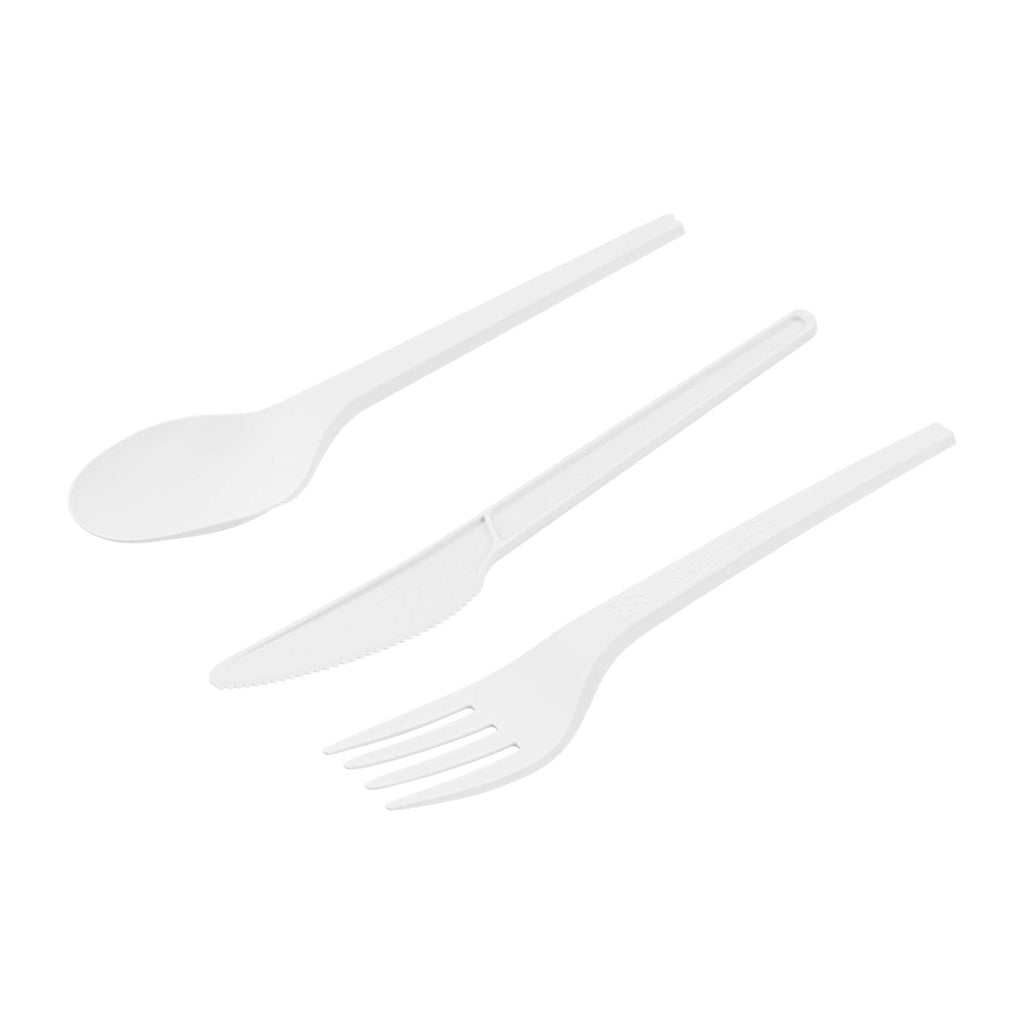 Basic Nature White CPLA Plastic Cutlery Set - Compostable Wrapper, Heat-Resistant - 6 1/2" - 100 count box