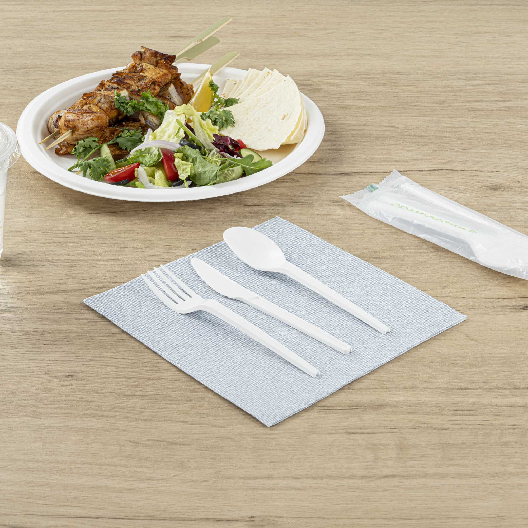 Basic Nature White CPLA Plastic Cutlery Set - Compostable Wrapper, Heat-Resistant - 6 1/2" - 100 count box