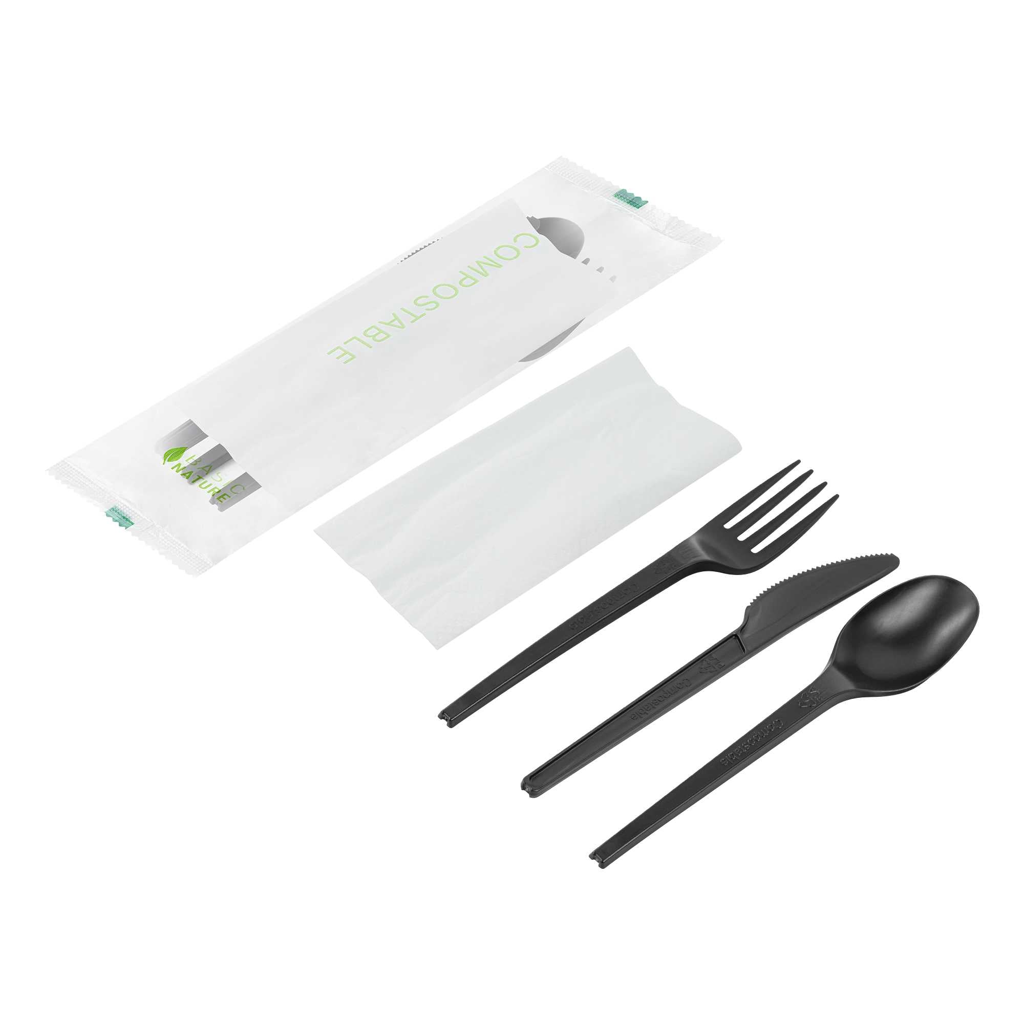 Basic Nature Black CPLA Plastic Cutlery Set - Compostable Wrapper, White Napkin, Heat-Resistant - 6 1/2" - 100 count box