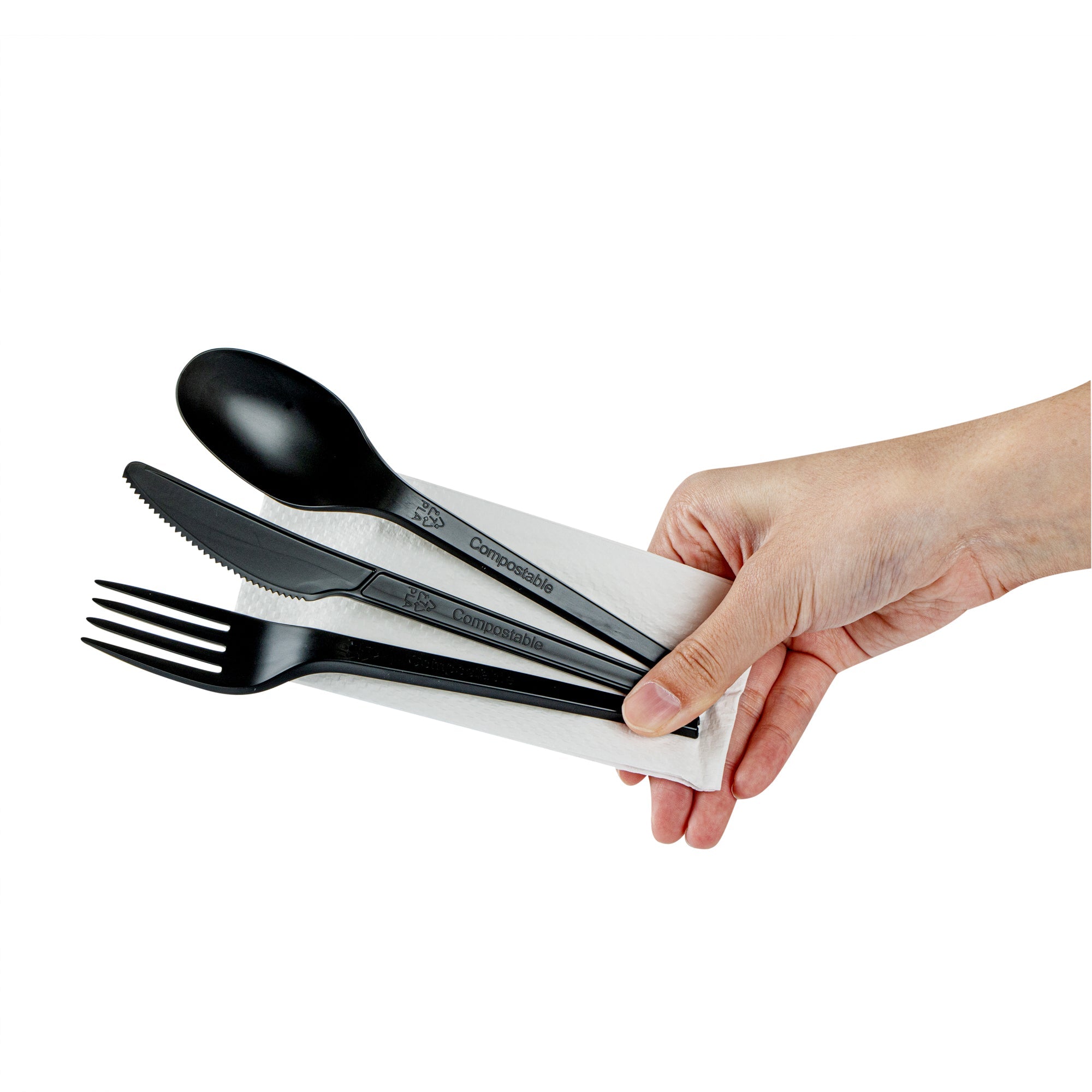 Basic Nature Black CPLA Plastic Cutlery Set - Compostable Wrapper, White Napkin, Heat-Resistant - 6 1/2" - 100 count box