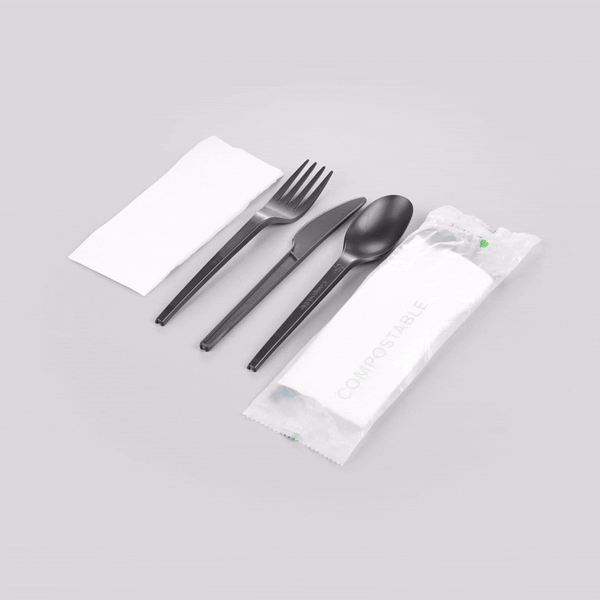 Basic Nature Black CPLA Plastic Cutlery Set - Compostable Wrapper, White Napkin, Heat-Resistant - 6 1/2" - 100 count box