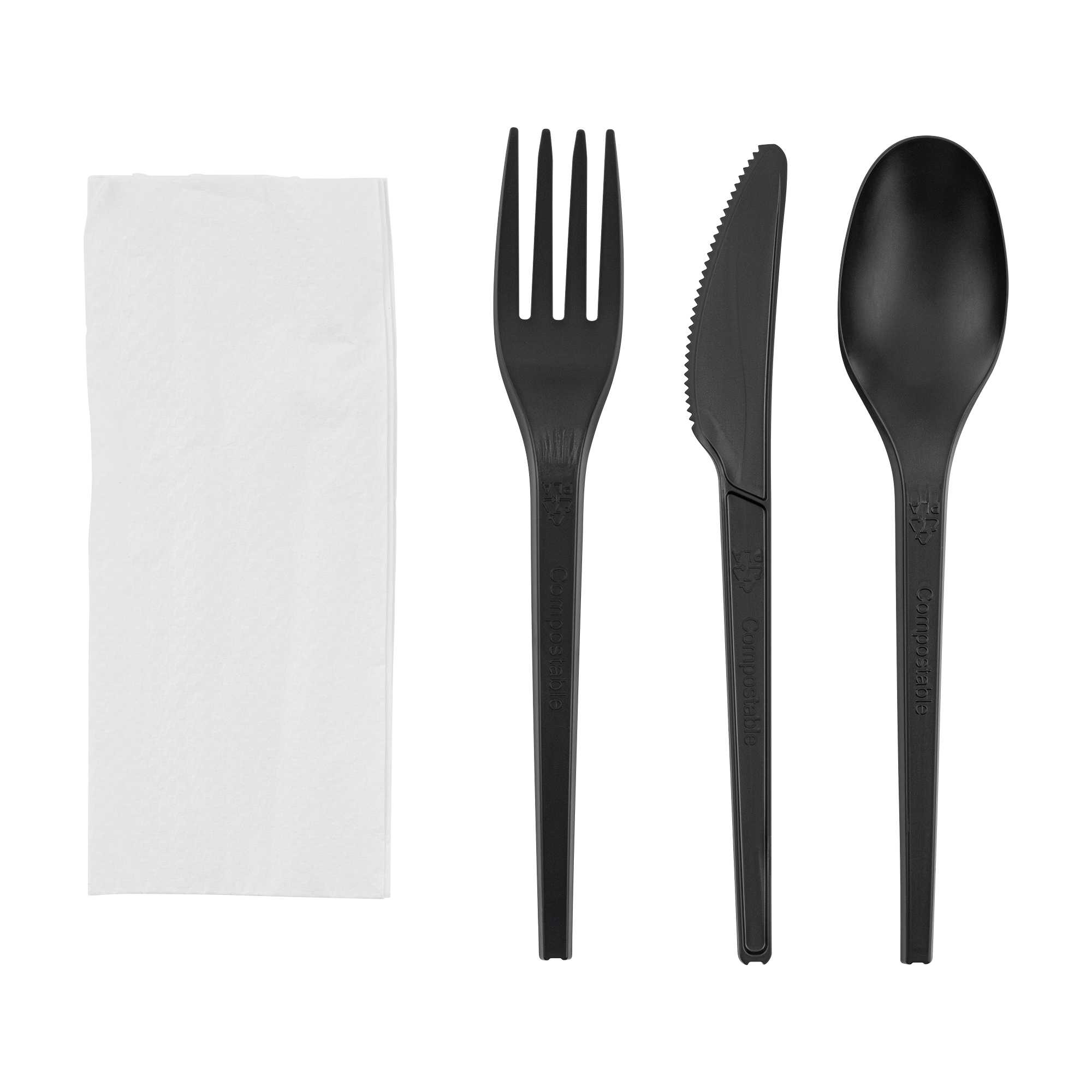 Basic Nature Black CPLA Plastic Cutlery Set - Compostable Wrapper, White Napkin, Heat-Resistant - 6 1/2" - 100 count box