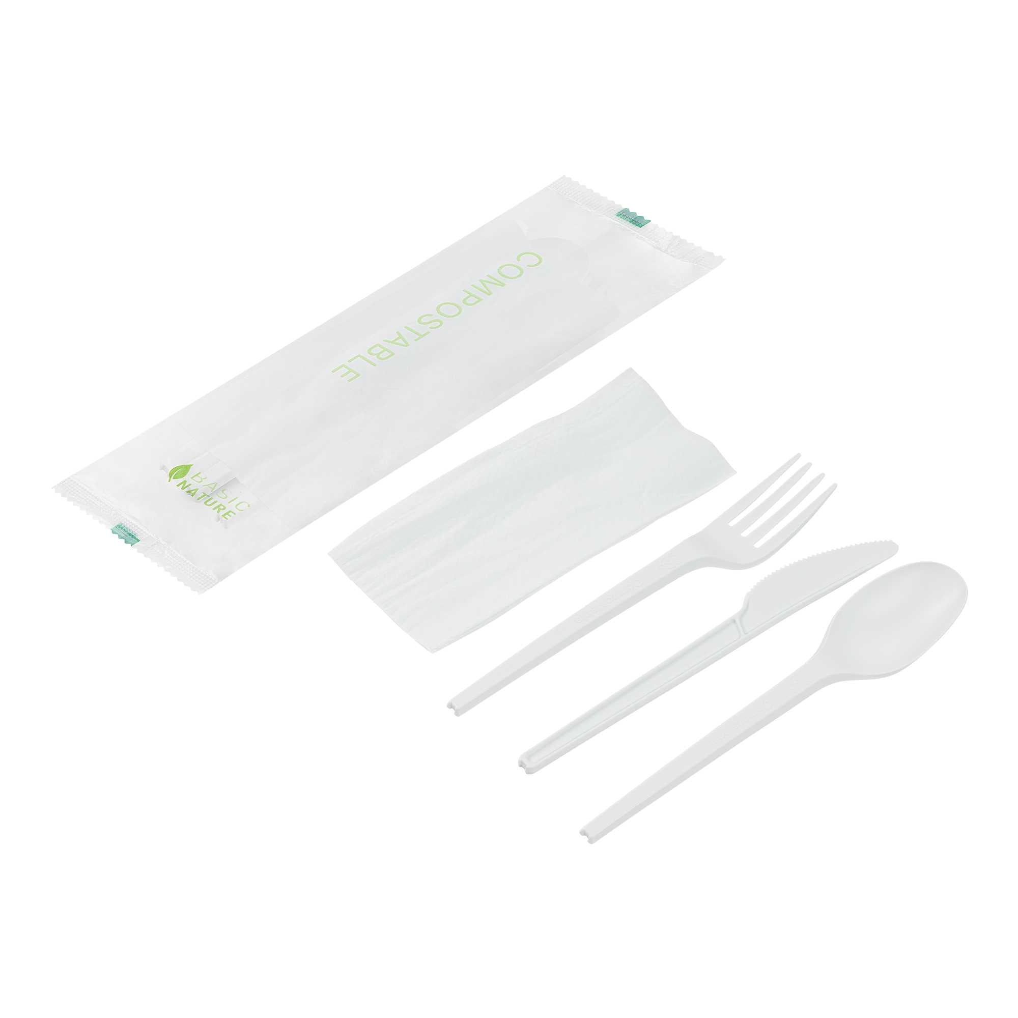 Basic Nature White CPLA Plastic Cutlery Set - Compostable Wrapper, White Napkin, Heat-Resistant - 6 1/2" - 100 count box