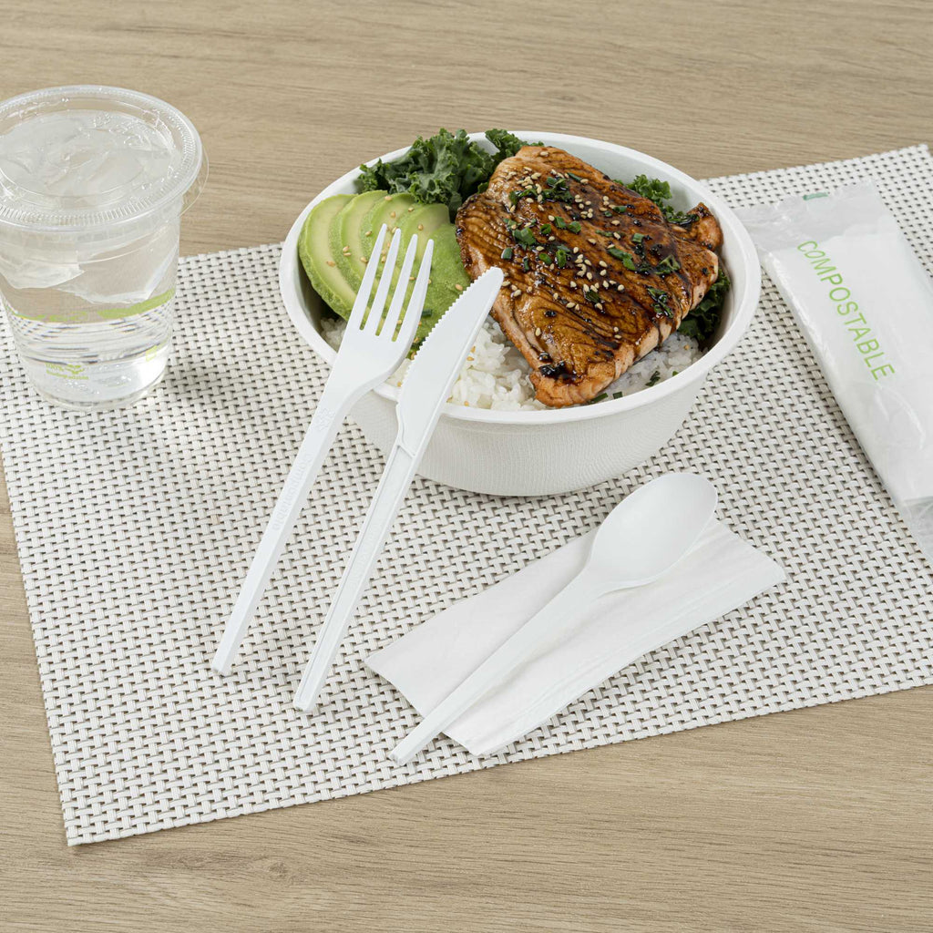 Basic Nature White CPLA Plastic Cutlery Set - Compostable Wrapper, White Napkin, Heat-Resistant - 6 1/2" - 100 count box