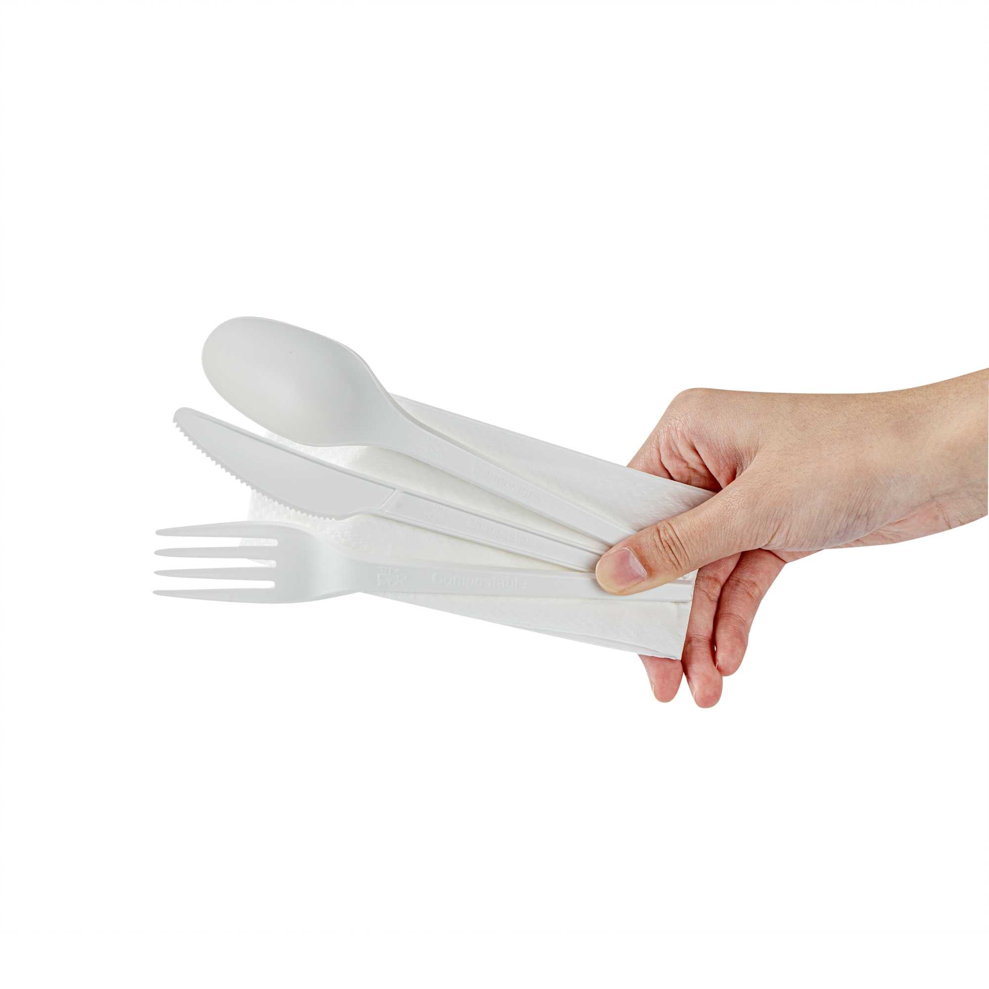 Basic Nature White CPLA Plastic Cutlery Set - Compostable Wrapper, White Napkin, Heat-Resistant - 6 1/2" - 100 count box