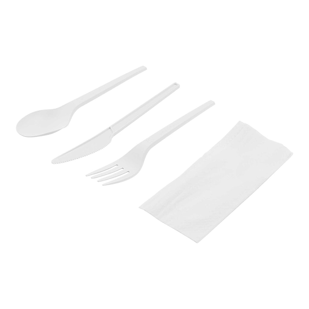 Basic Nature White CPLA Plastic Cutlery Set - Compostable Wrapper, White Napkin, Heat-Resistant - 6 1/2" - 100 count box